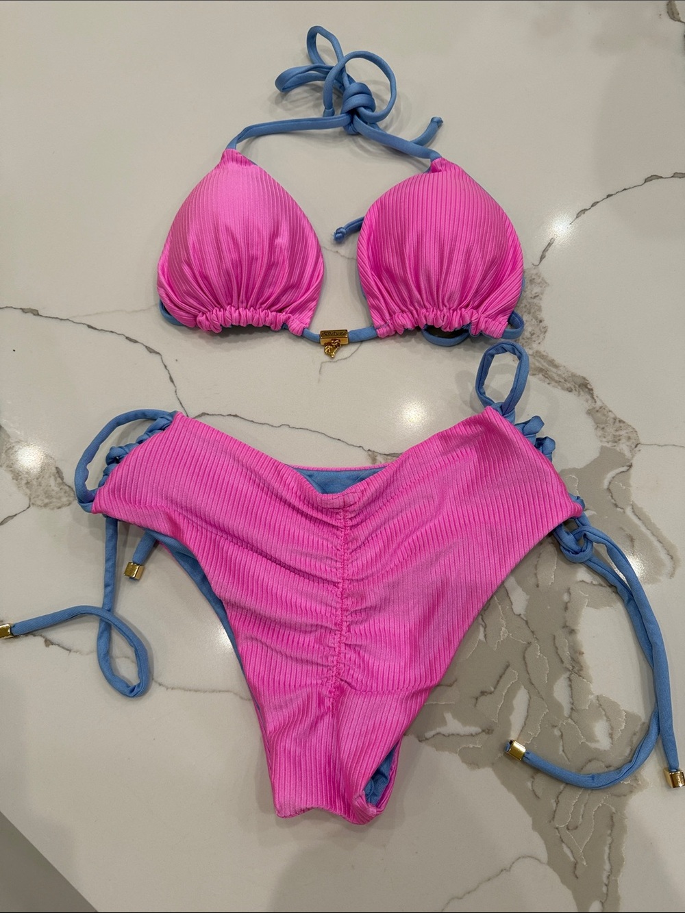 Pink & Blue Two-Tone Ribbed Triangle Bikini - Women - Picture 2 of 3
